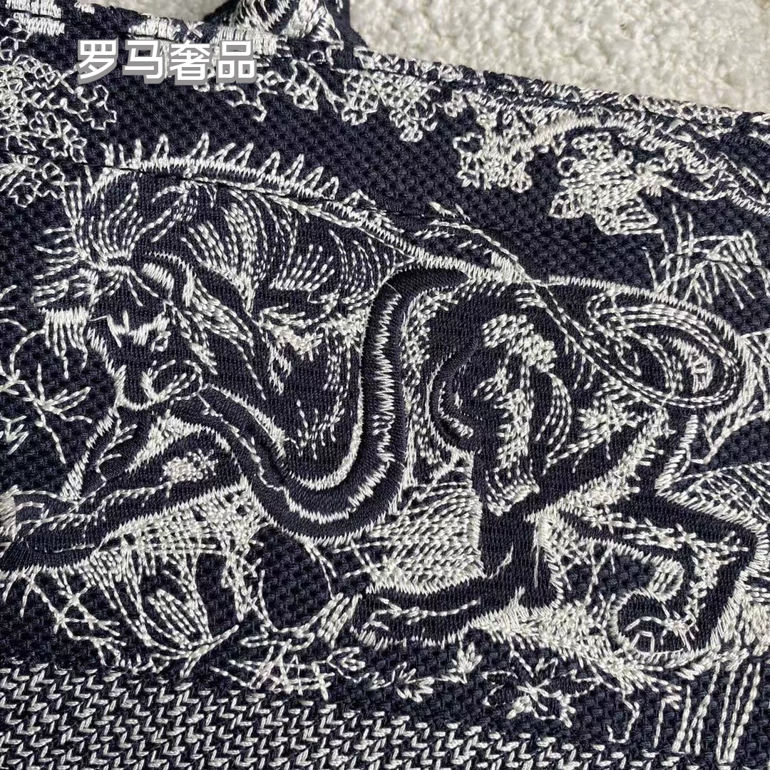 Christian Dior Book Tote Toile de Jouy Embroidery Bag - Black and White