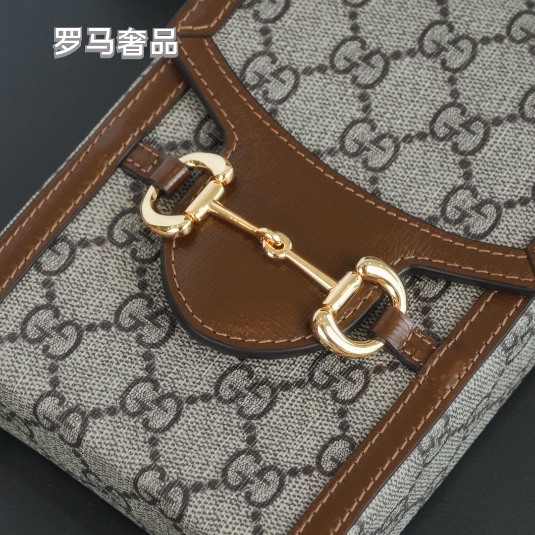 Gucci Horsebit 1955 Mini Bag in GG Supreme Canvas with Brown Leather Trim