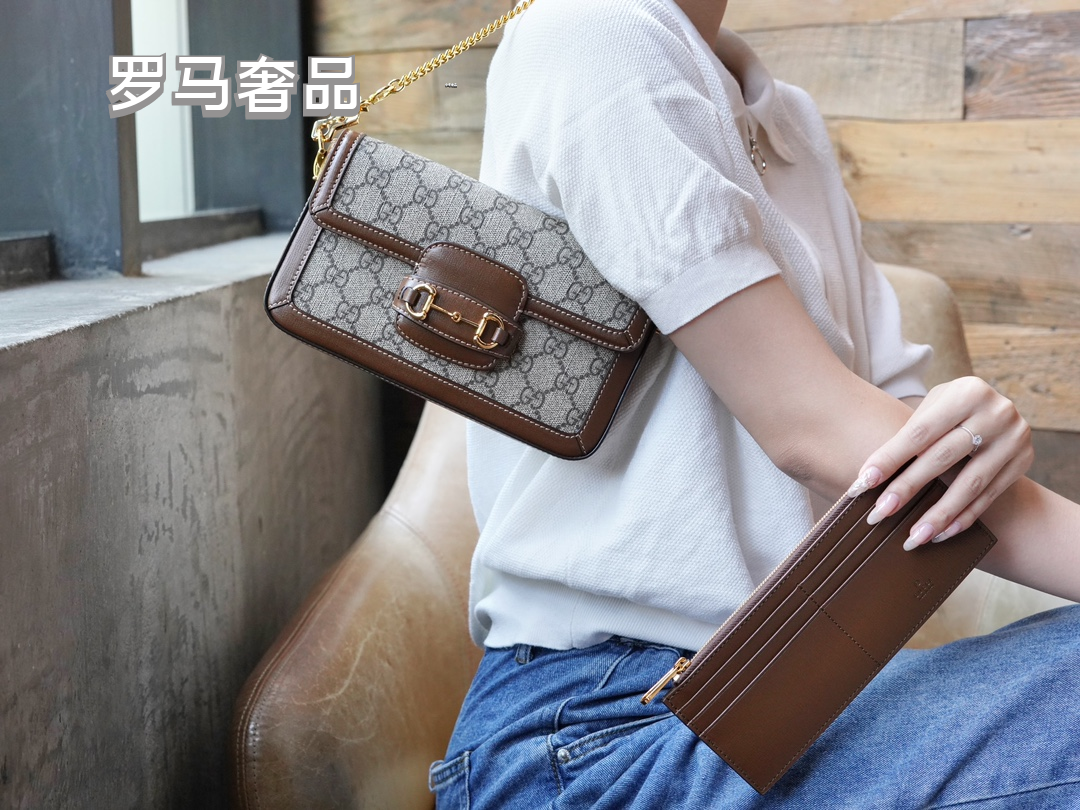 Gucci Horsebit 1955 Mini Shoulder Bag in GG Supreme Canvas with Brown Leather Trim