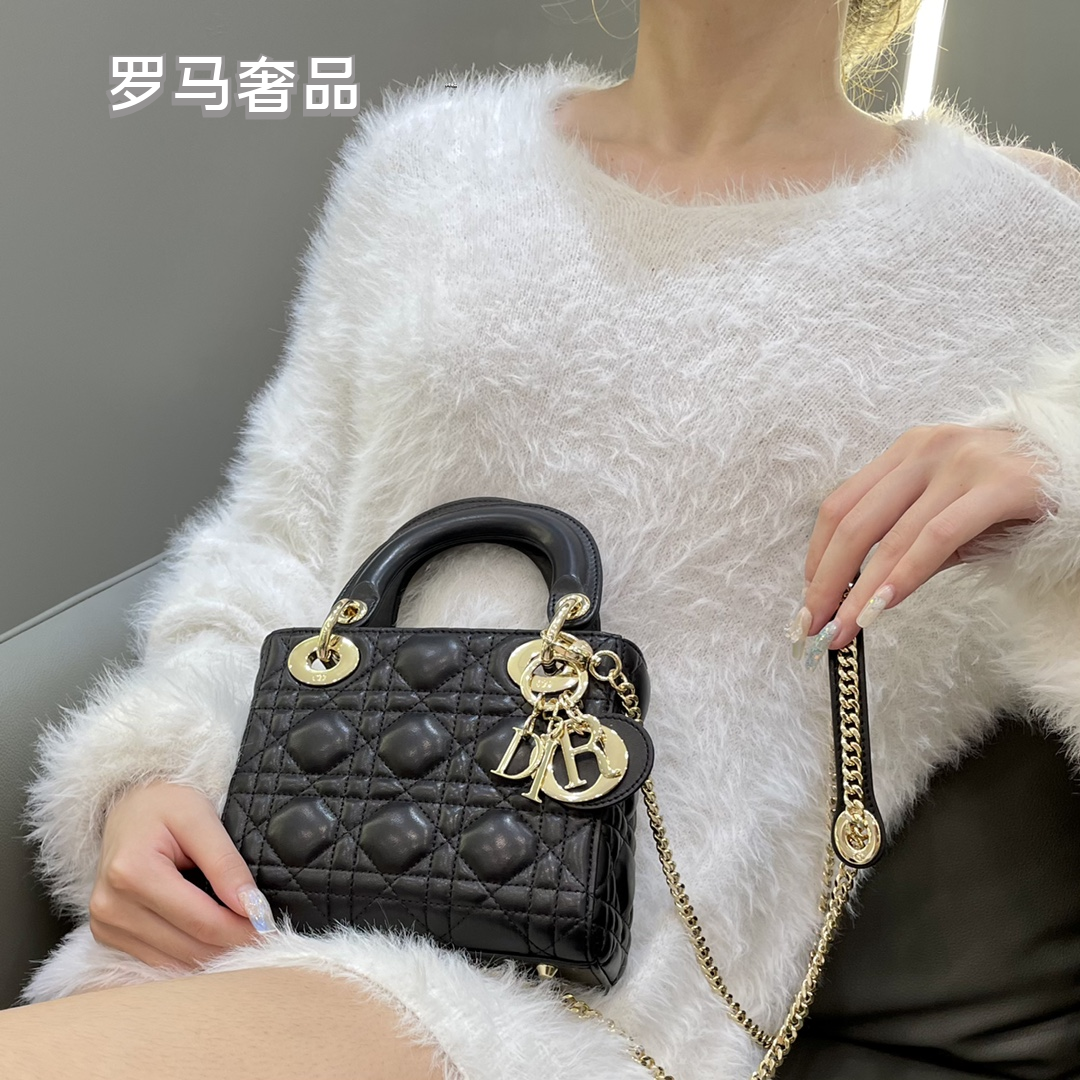 Dior Mini Black Quilted Leather Handbag with Gold Hardware and Charms
