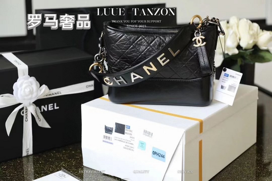 Chanel Small Gabrielle Hobo Bag Black Aged Calfskin with Logo Strap