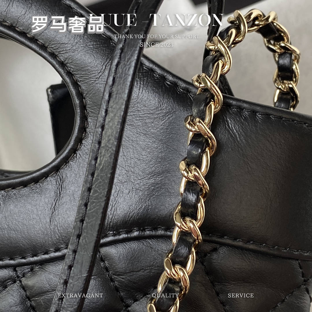 Luxury Black Quilted Leather Large Shopper Tote with Chain Strap and Cutout Handles