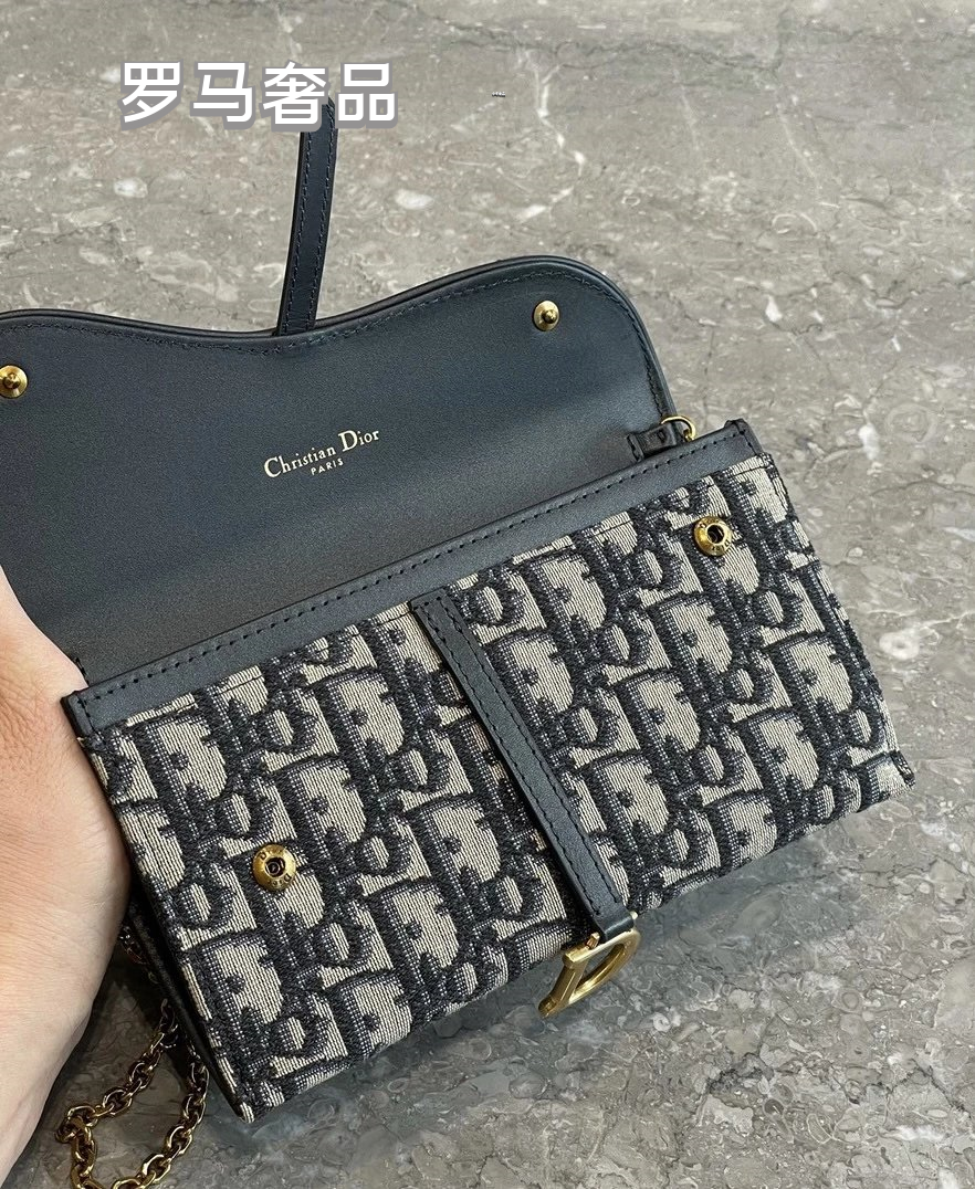 Dior Saddle Wallet on Chain Blue Dior Oblique Jacquard