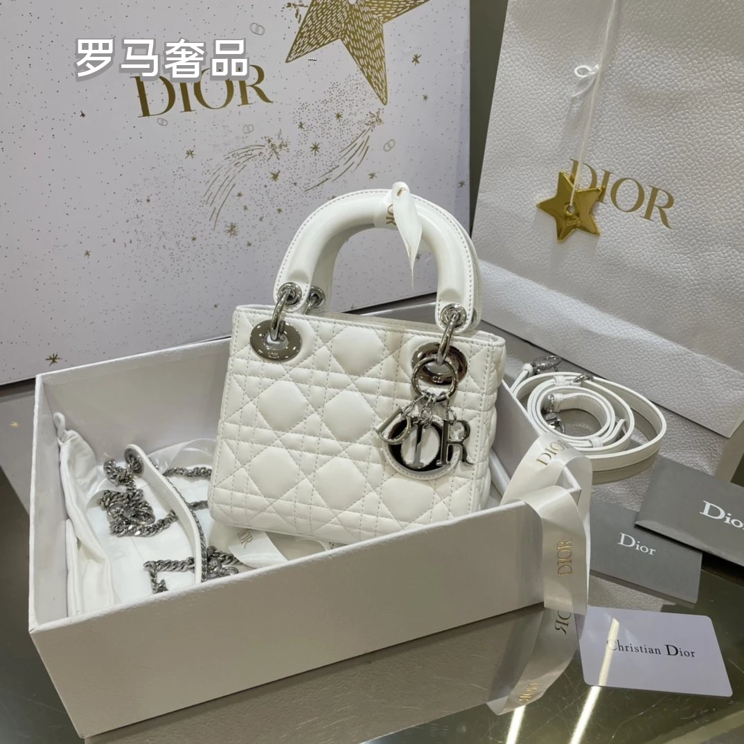 Christian Dior Lady Dior Mini Bag White Cannage Lambskin with Silver-Tone Hardware