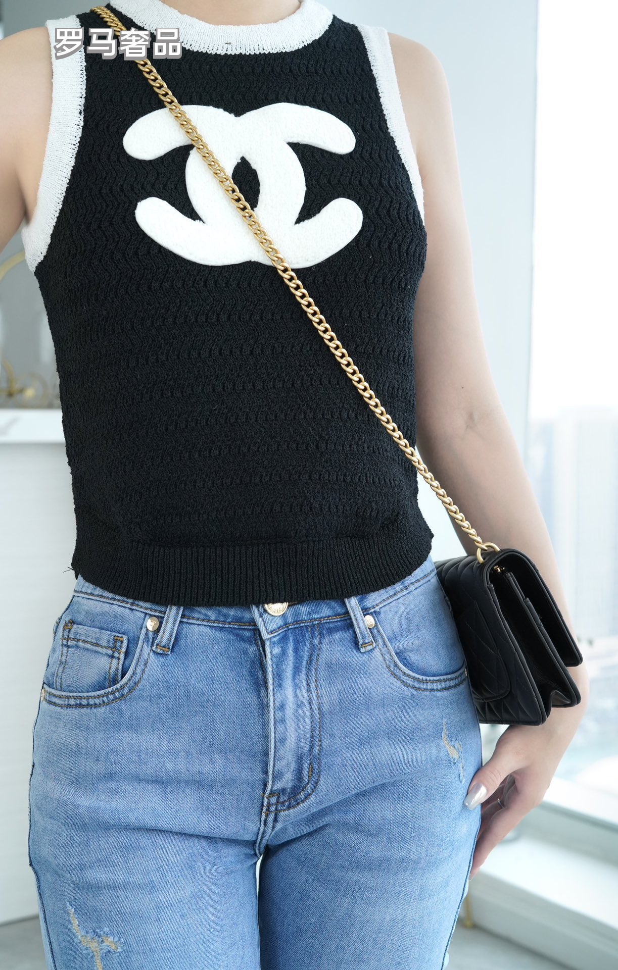 Chanel Quilted Lambskin Wallet on Chain with Camellia Gold Charm - Black