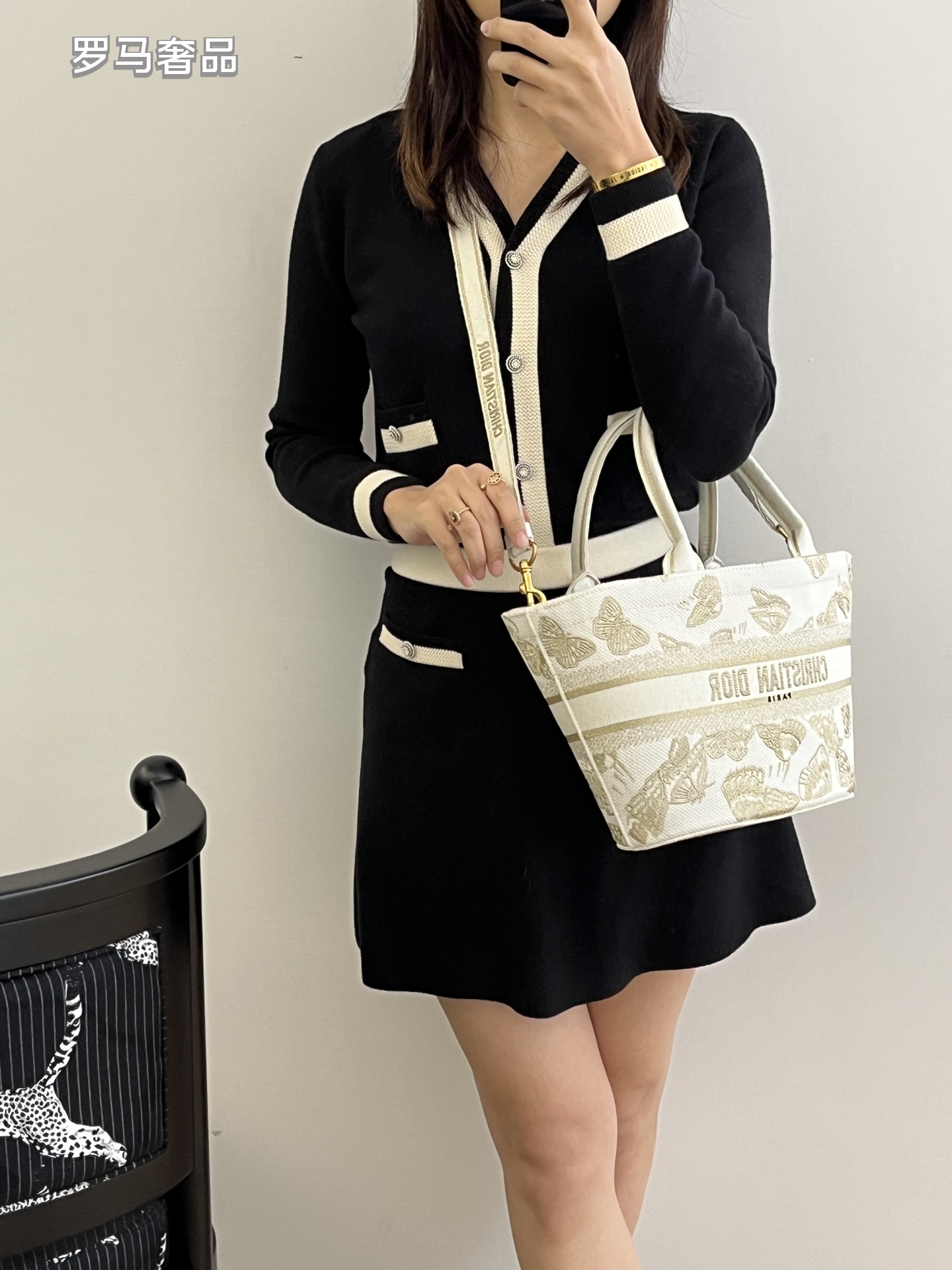 Dior Elegant Butterfly Embroidered Canvas Tote Handbag with Strap