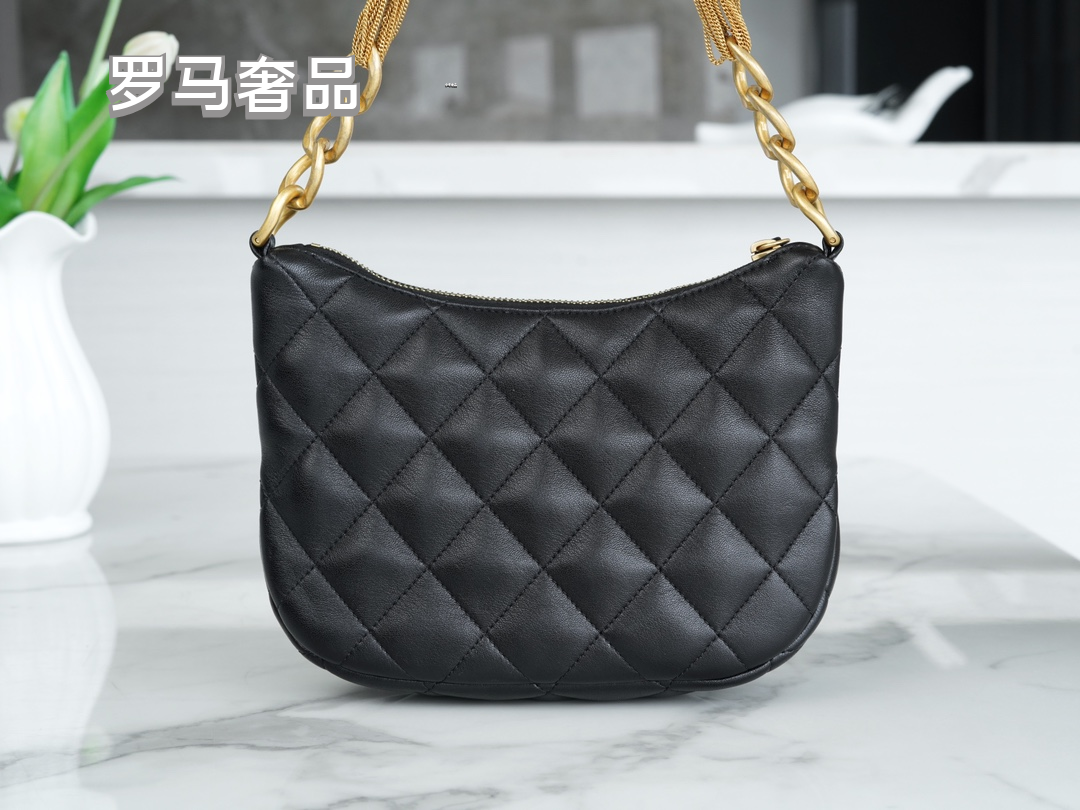 Chanel Quilted Black Leather Hobo Bag with Gold-Tone Chain Strap