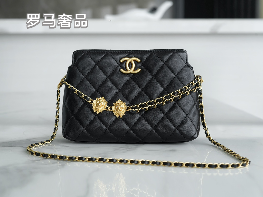Chanel Black Quilted Leather Flap Bag with Lion Head Chain Embellishments