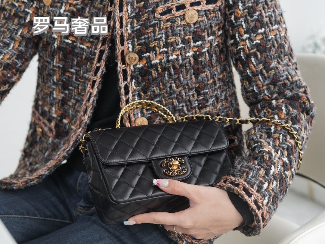 Women's Classic Quilted Black Flap Handbag with Gold-Tone Chain Details