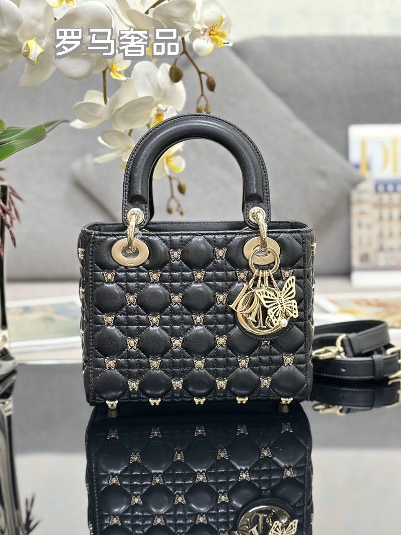 Lady Dior Small Handbag - Black Quilted Leather with Butterfly Embellishments