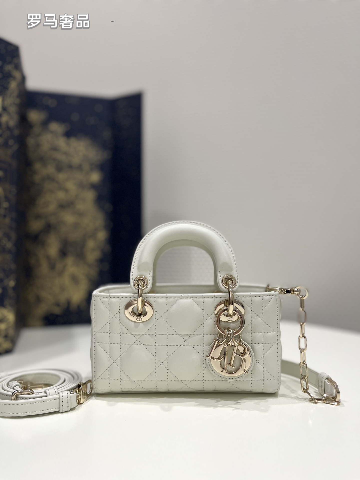 Lady D-Joy Bag - Off-White Cannage Lambskin with Gold-Finish Metal Charms