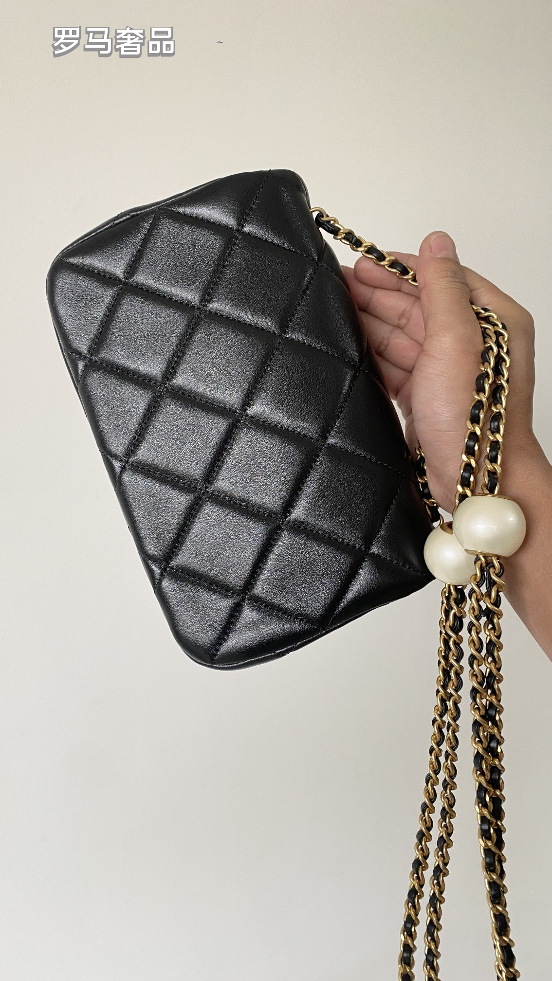 Chanel Quilted Lambskin Mini Flap Bag with Pearl Crush Chain - Black Gold Hardware