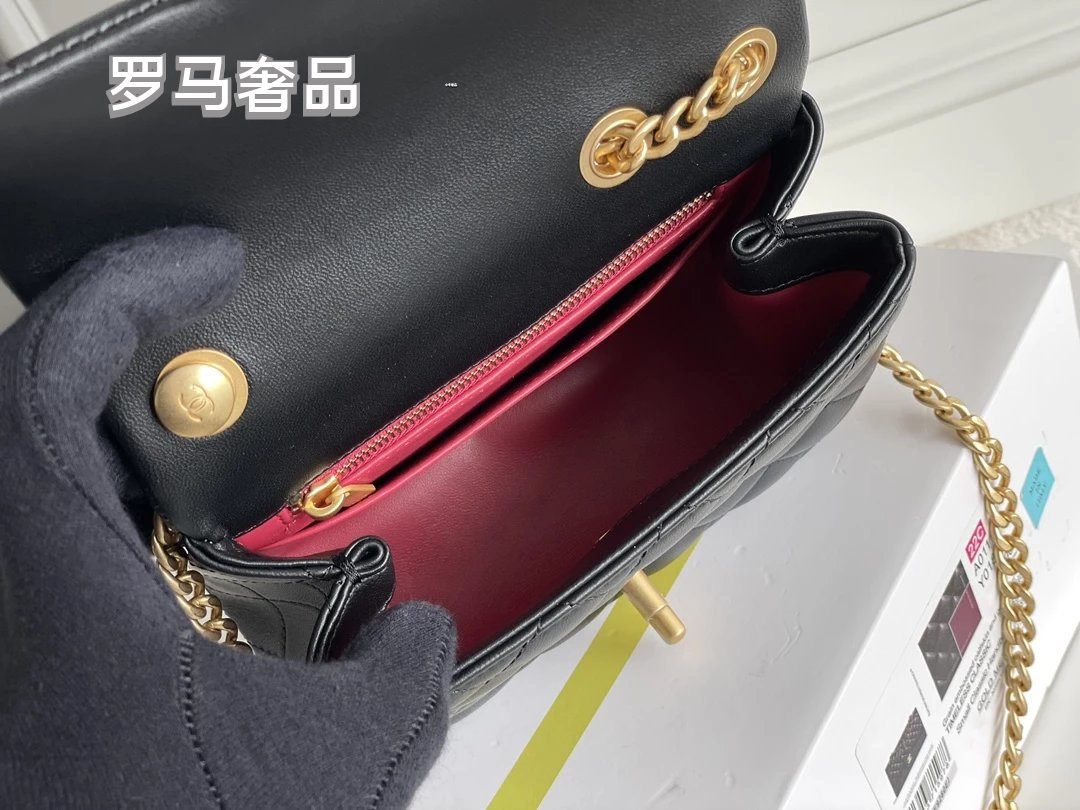 Black Quilted Leather Mini Flap Bag with Gold-Tone Chain and Camellia Charm