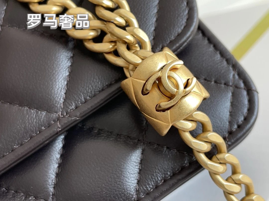 Dark Green Quilted Leather Mini Flap Bag with Gold-Tone Chain and Logo
