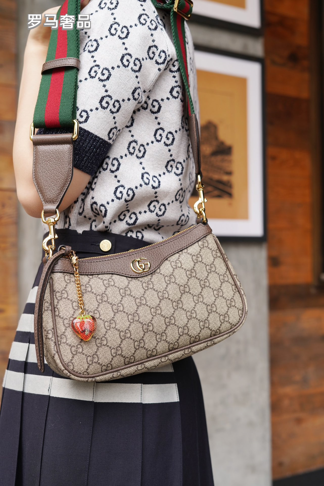 Women's Monogram Canvas Shoulder Bag with Web Strap and Strawberry Charm