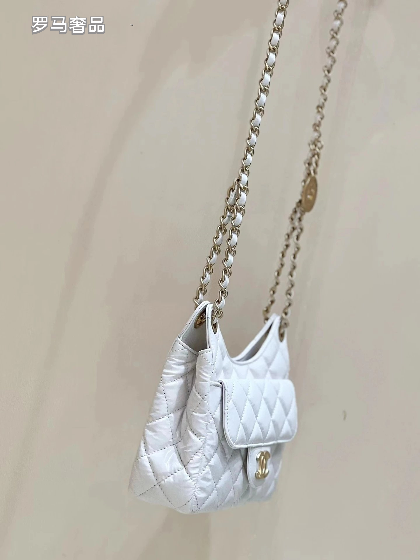 Chanel Small Hobo Bag White Quilted Lambskin Gold-Tone Metal Handbag