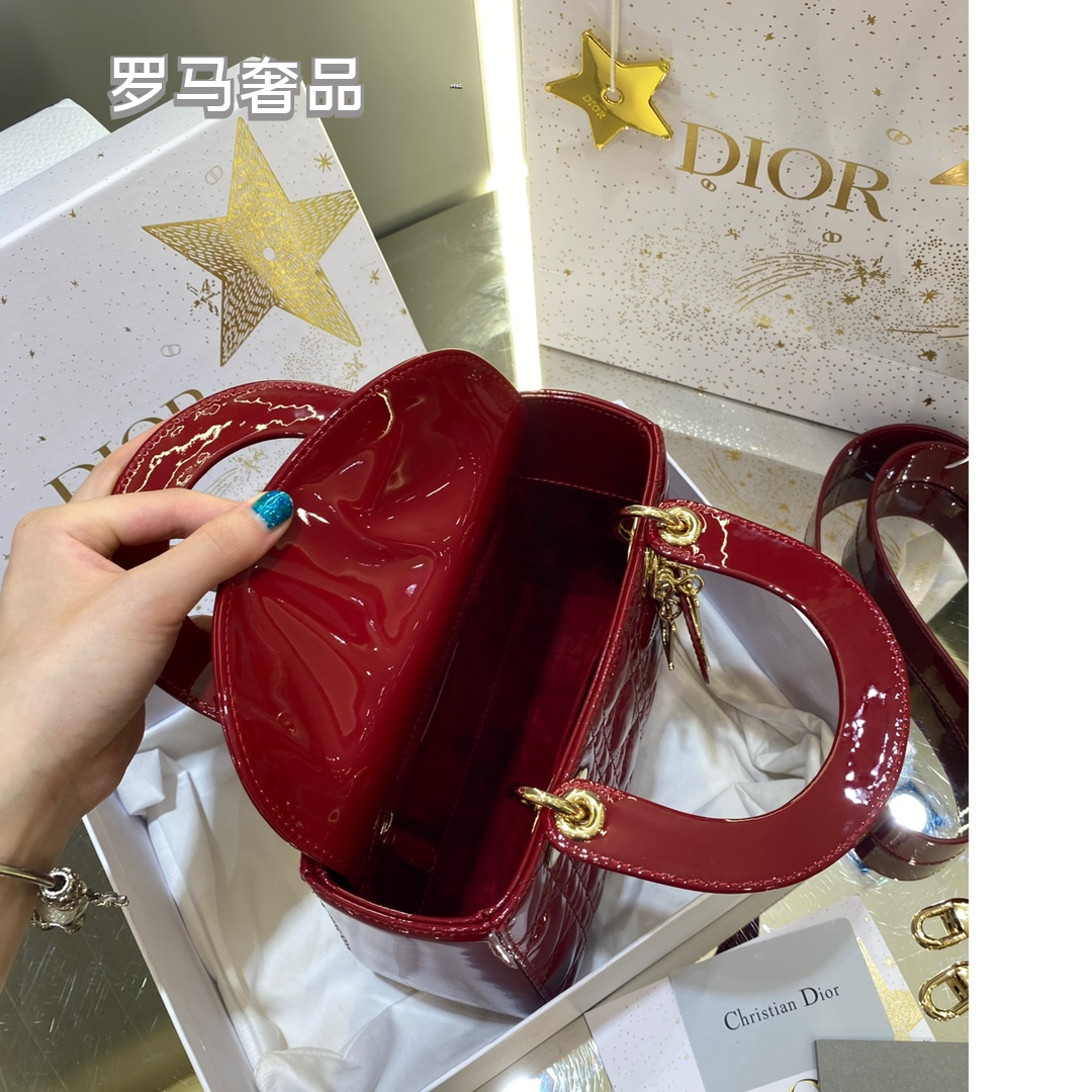 Christian Dior Micro Lady Dior Bag - Red Cannage Patent Calfskin with Gold-Finish Metal