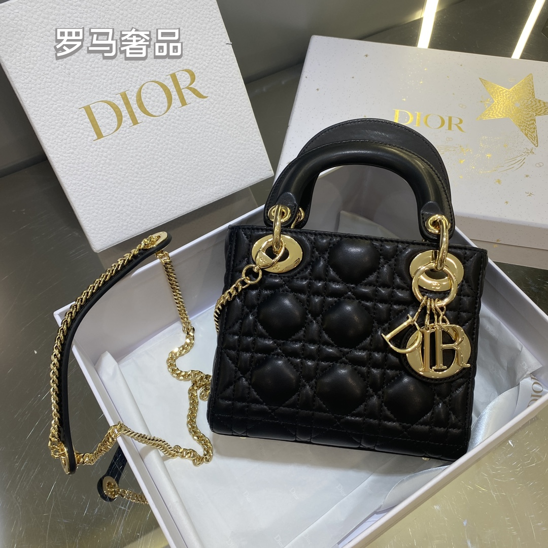 Lady Dior Micro Bag - Black Cannage Lambskin with Gold-Finish Metal Charms