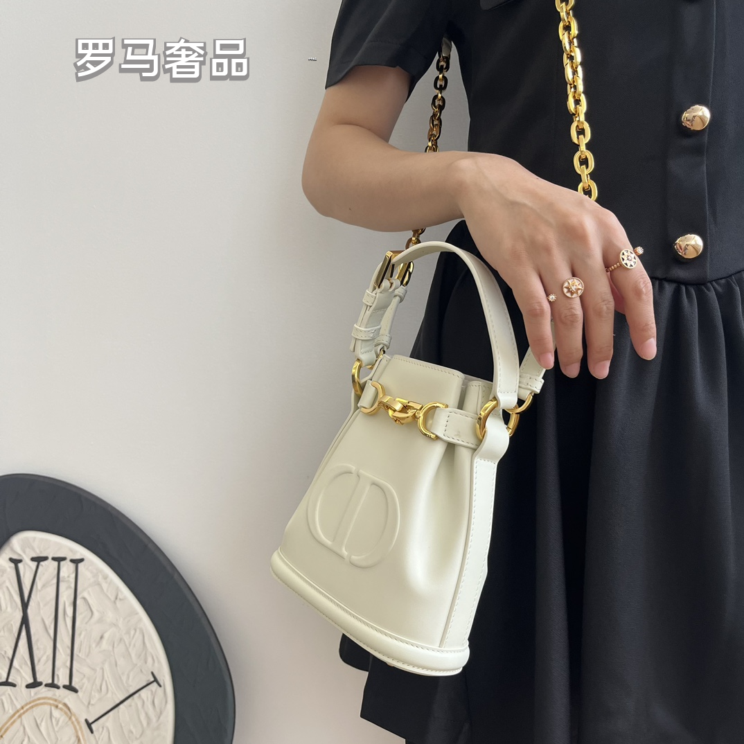 Dior Elegant Cream Leather Bucket Crossbody Bag with Gold Chain