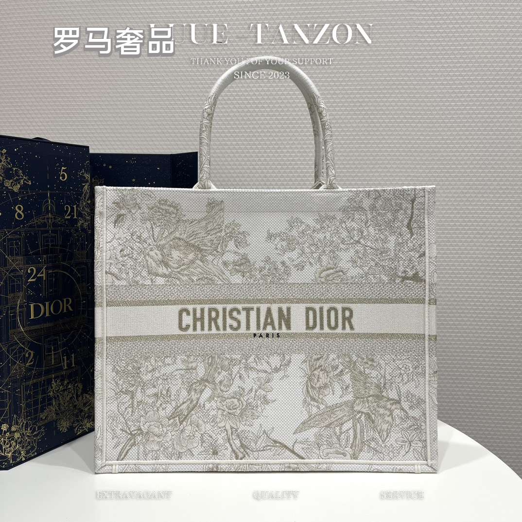 Christian Dior White and Grey Toile de Jouy Large Book Tote Bag