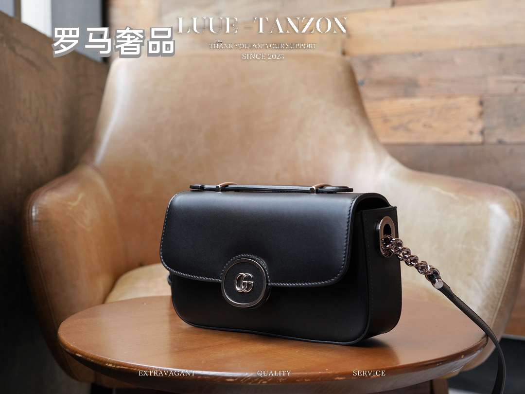 Women's Black Leather Crossbody Shoulder Bag with Silver Round GG Clasp