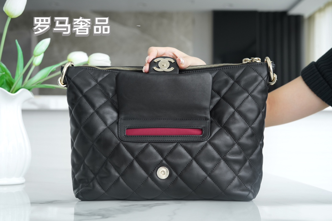 Chanel Black Quilted Lambskin Leather Hobo Bag with Front CC Logo Pocket