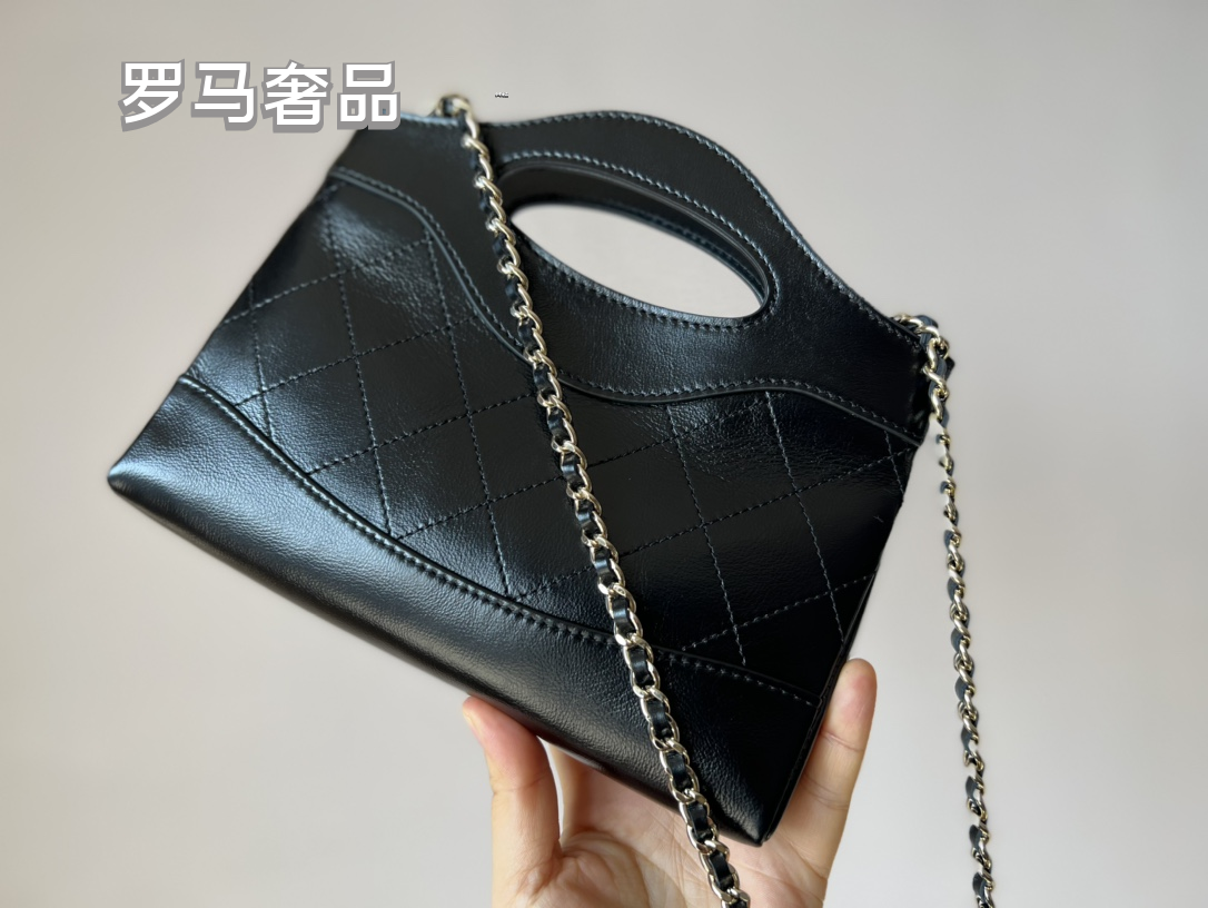 Chanel Black Leather Mini 31 Shopping Bag with Silver-Tone Chain
