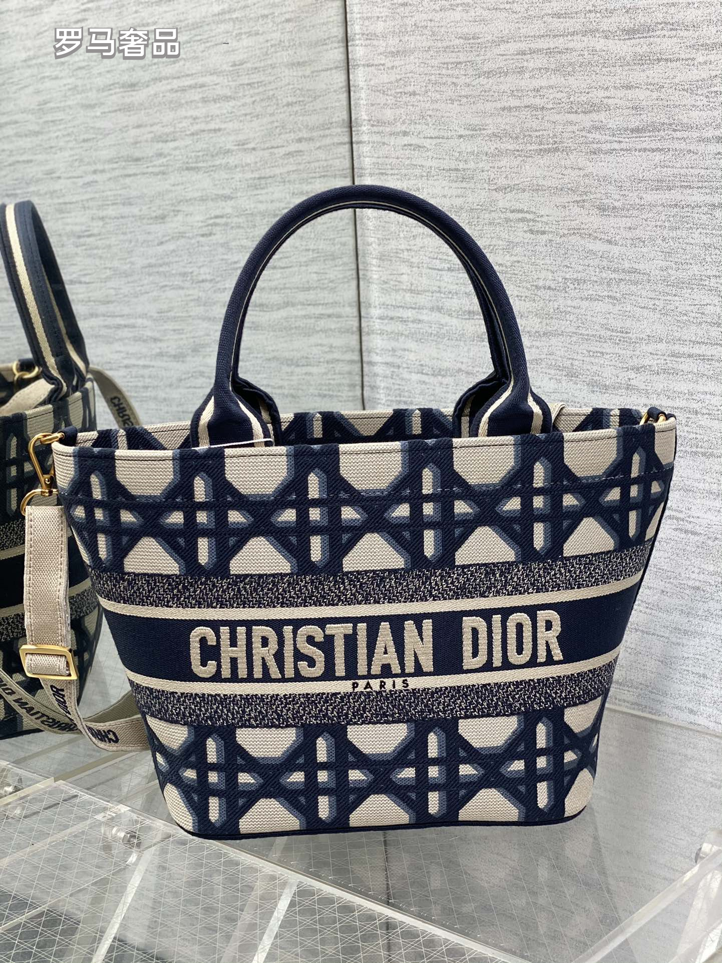 Dior Blue Monogram Canvas Tote Bag with Double Handles and Strap