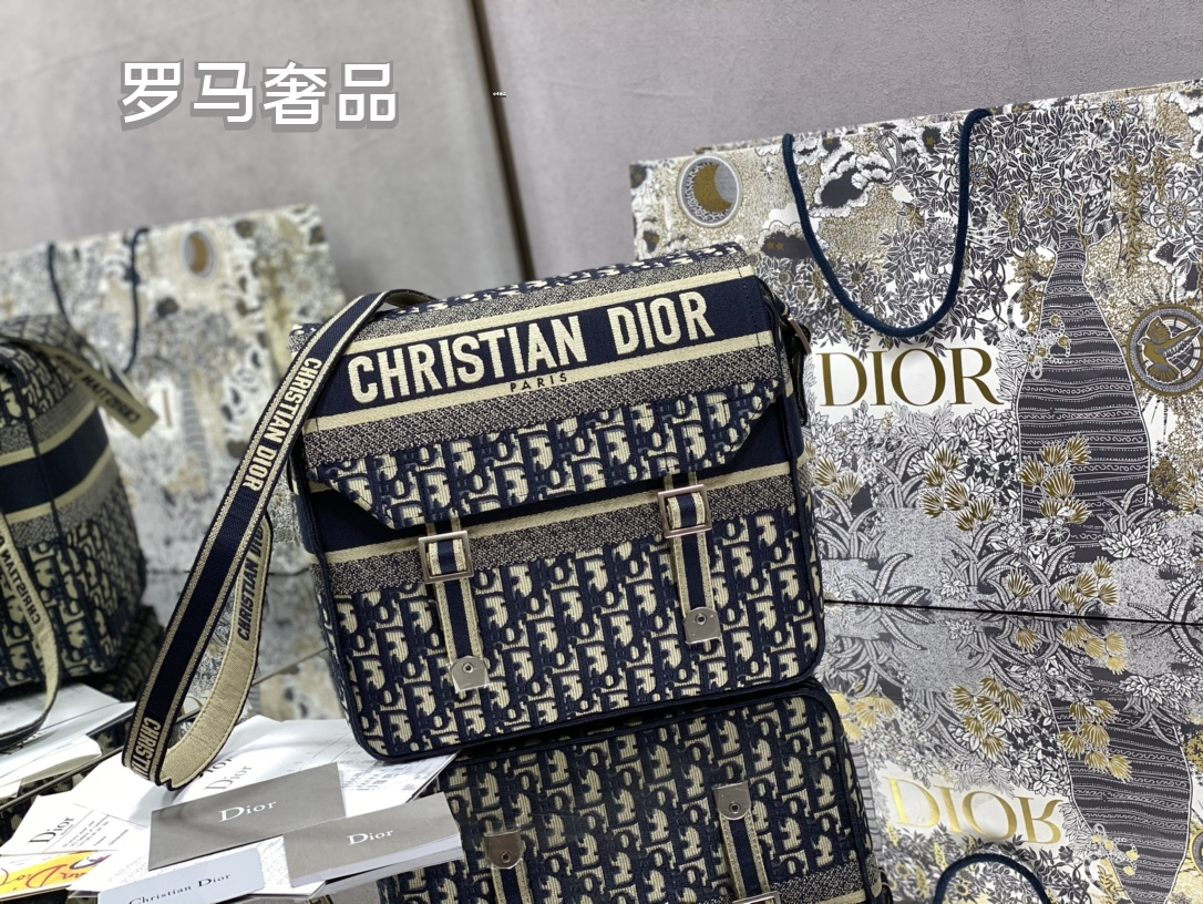 Christian Dior Oblique Canvas Messenger Bag - Navy/Beige Crossbody Bag