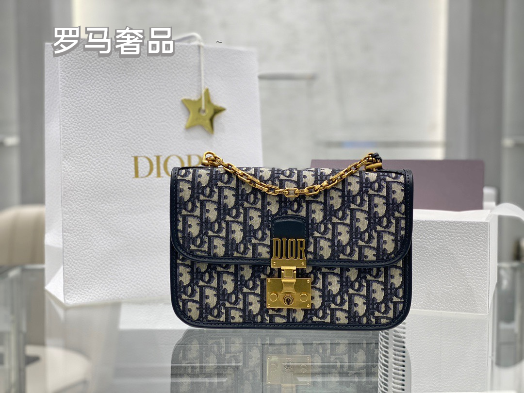 Dior Addict Flap Bag Blue Oblique Jacquard with Gold-Finish Hardware