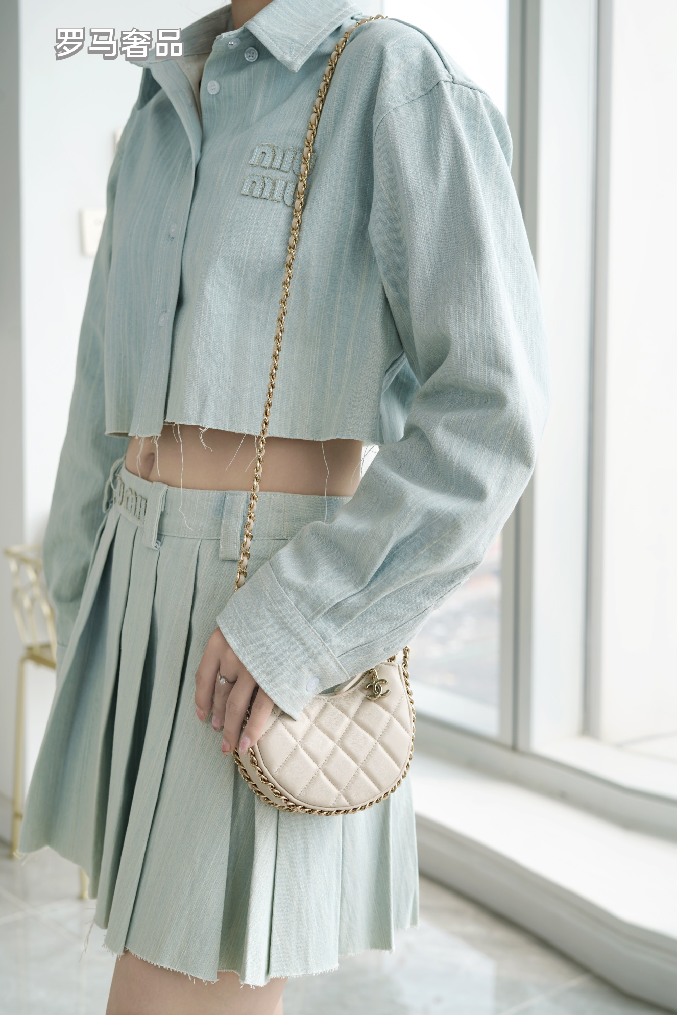 Chanel Style Small Quilted Crescent Hobo Bag in Beige with Gold-Tone Chain