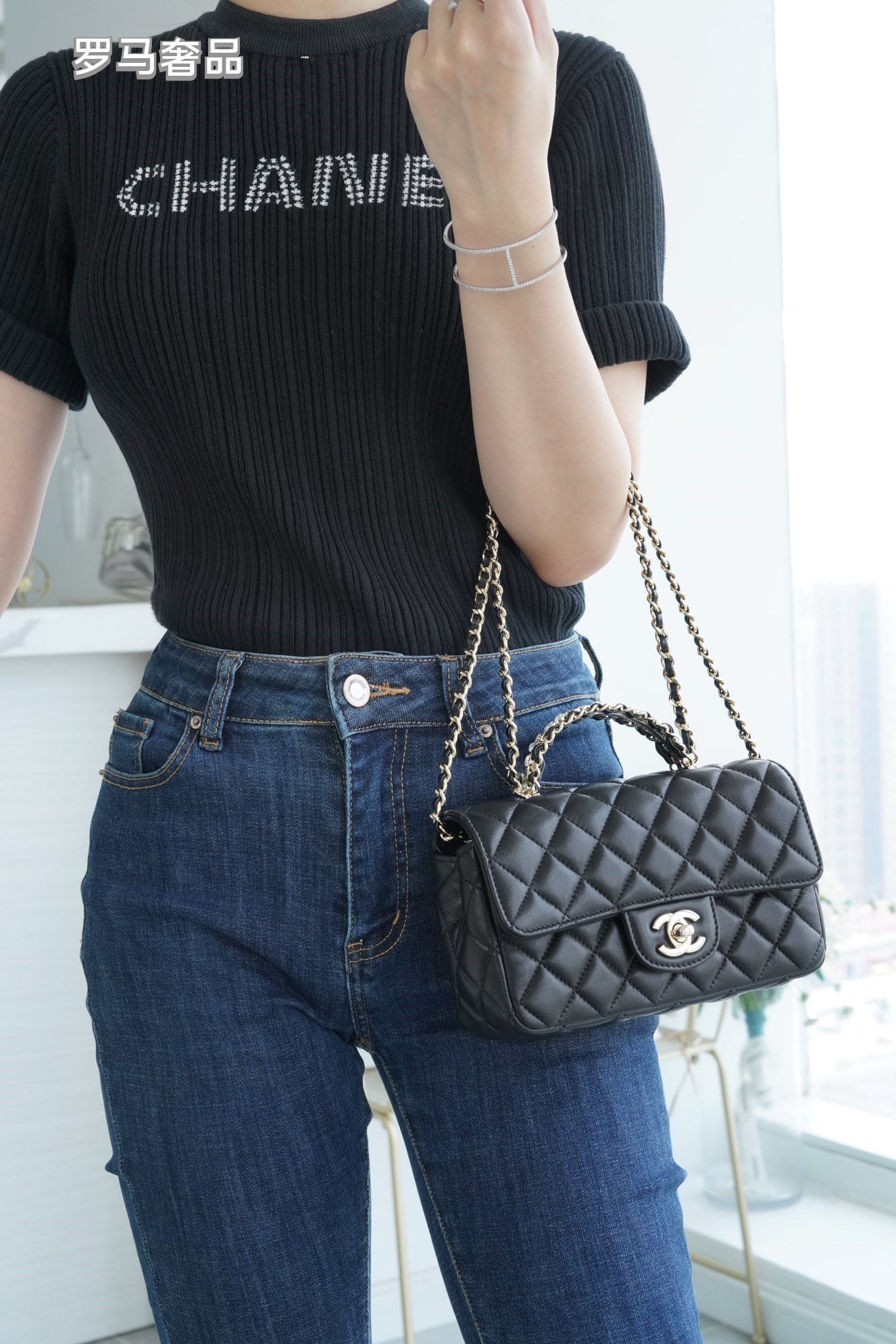 Elegant Black Quilted Leather Top Handle Flap Bag with Silver-Tone Chain