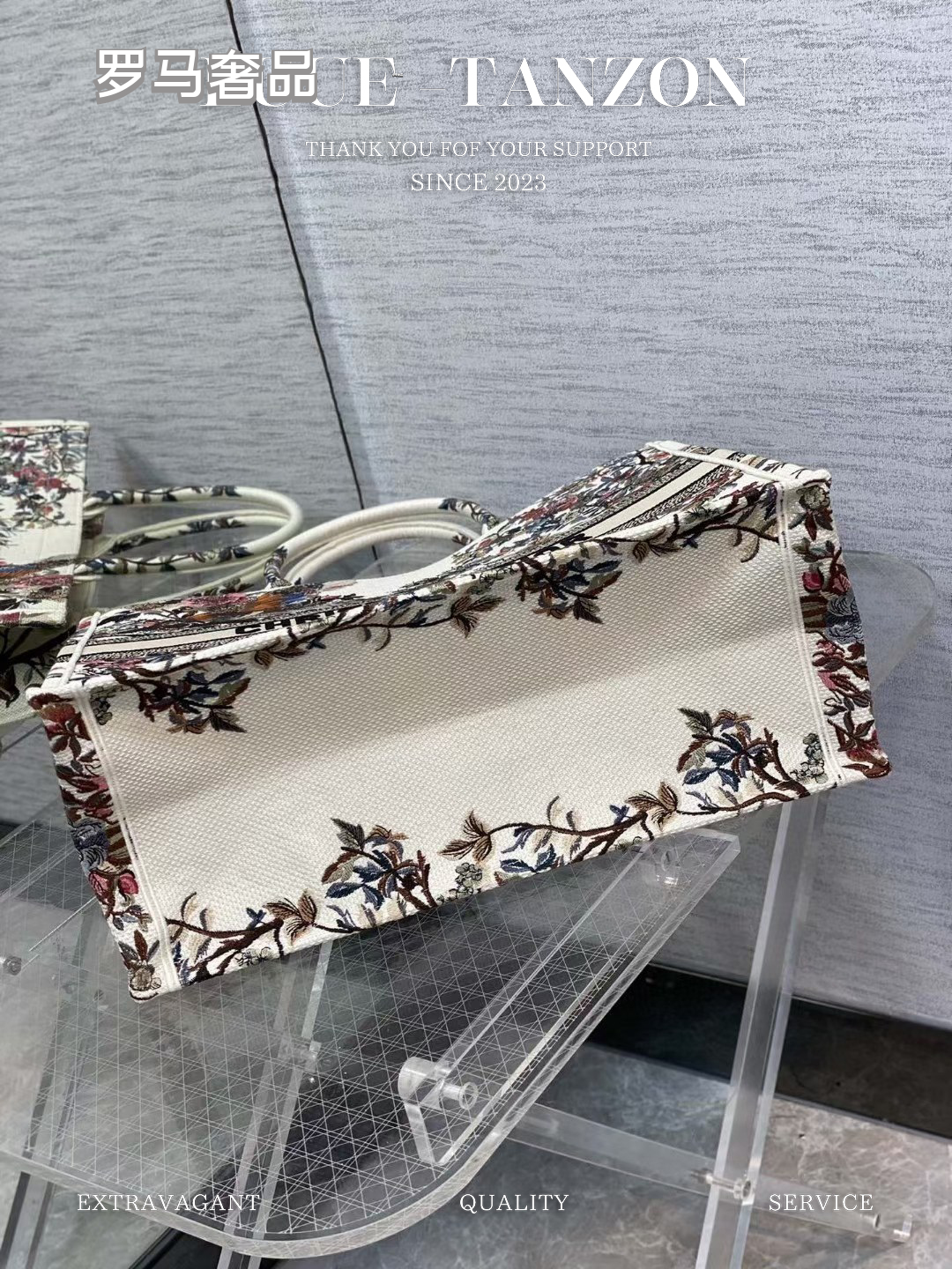 Christian Dior Large Book Tote Bag - White Canvas with Multi-Color Floral and Bird Embroidery