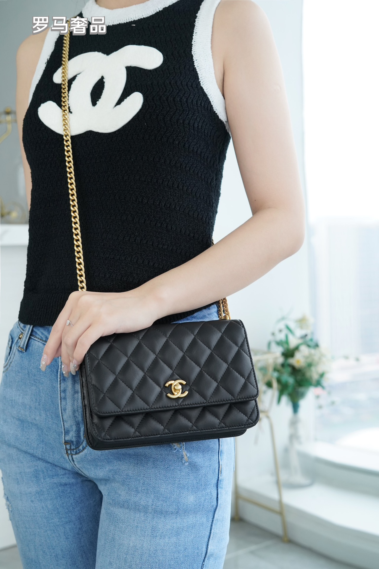 Chanel Quilted Lambskin Wallet on Chain with Camellia Gold Charm - Black