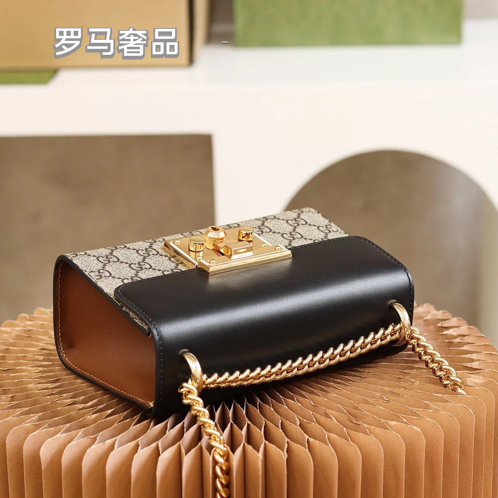 Gucci Vintage Monogram Canvas Crossbody Bag with Leather Flap and Gold Chain