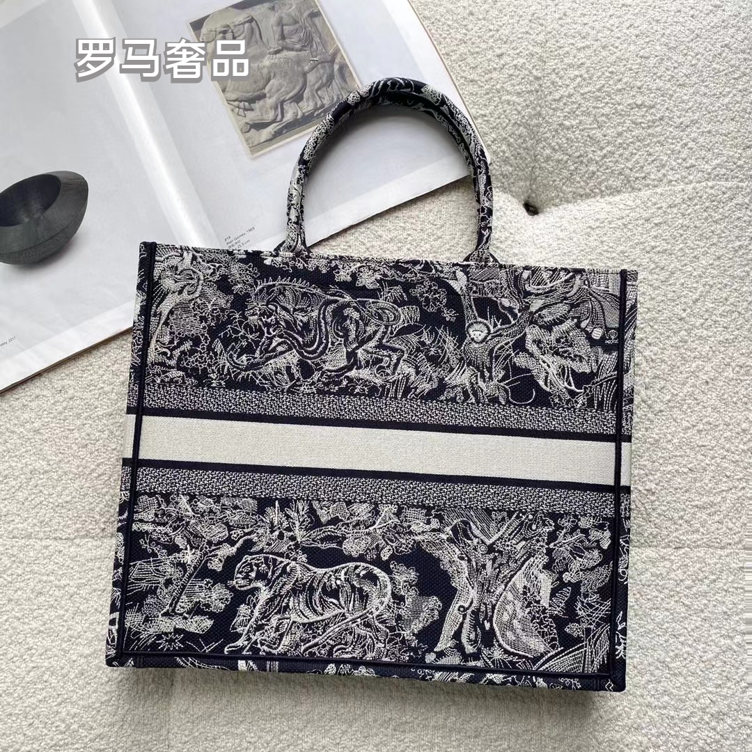 Christian Dior Book Tote Toile de Jouy Embroidery Bag - Black and White