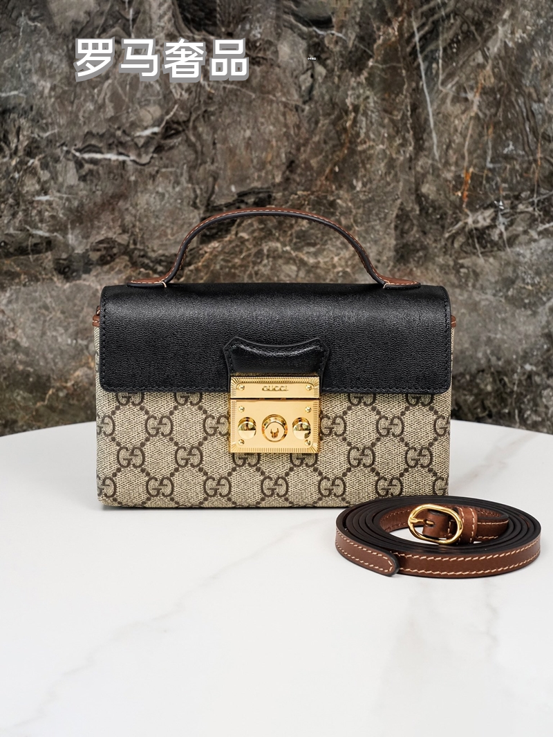 Gucci Vintage Monogram Canvas Top Handle Bag with Leather Flap and Padlock