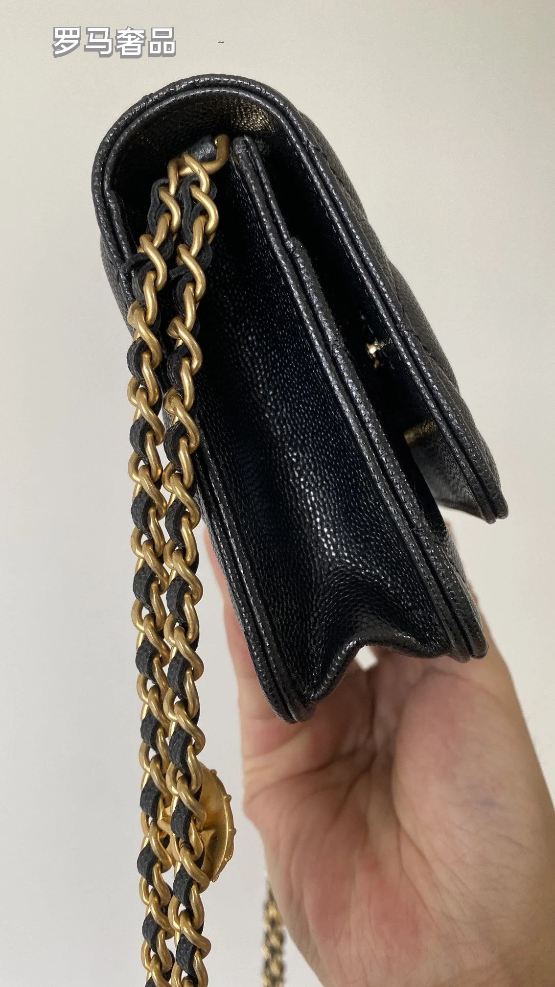 Tanzon Black Quilted Leather Crossbody Bag with Gold Chain Strap