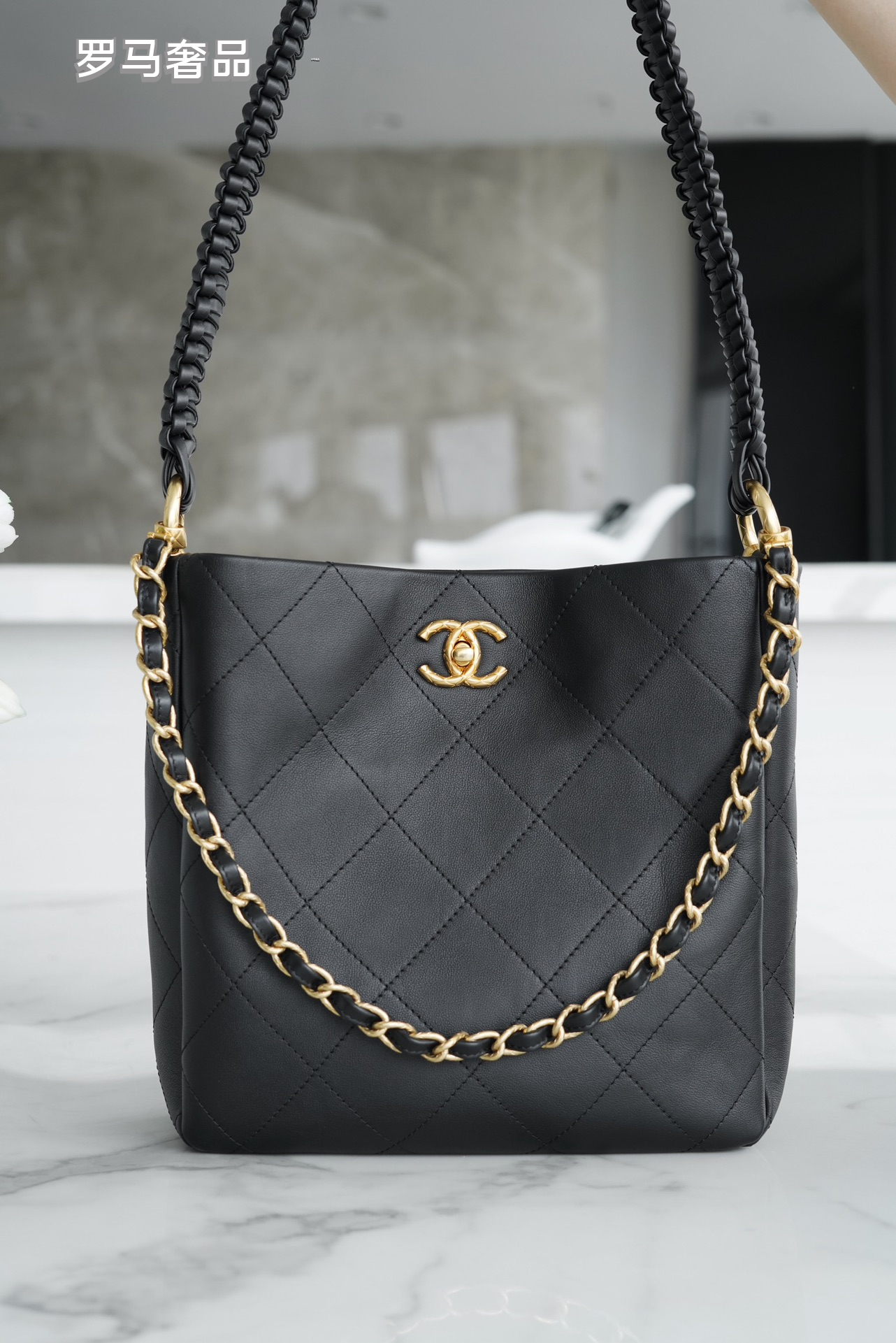 Chanel Quilted Caviar Leather Small Bucket Bag with Gold-Tone Hardware - Black