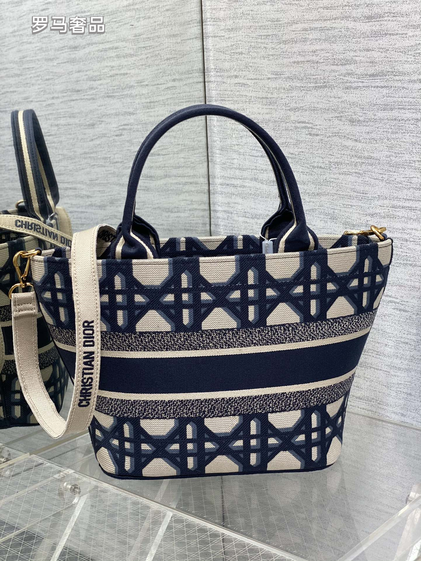 Christian Dior Oblique Canvas Small Tote Bag with Shoulder Strap - Navy Blue