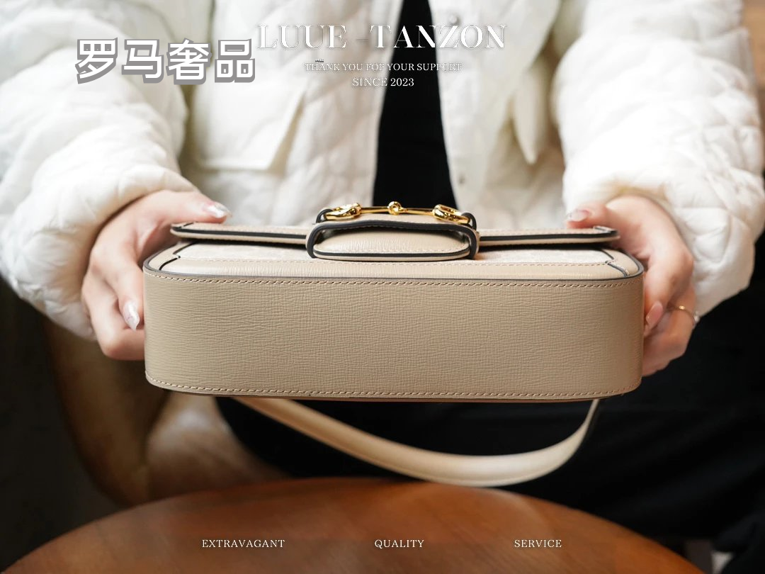 LULU LANZOX Women's Monogram Horsebit Shoulder Bag - Cream/Beige Luxury Crossbody