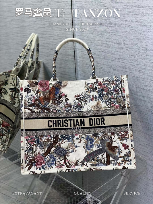 Christian Dior Large Book Tote Bag - White Canvas with Multi-Color Floral and Bird Embroidery