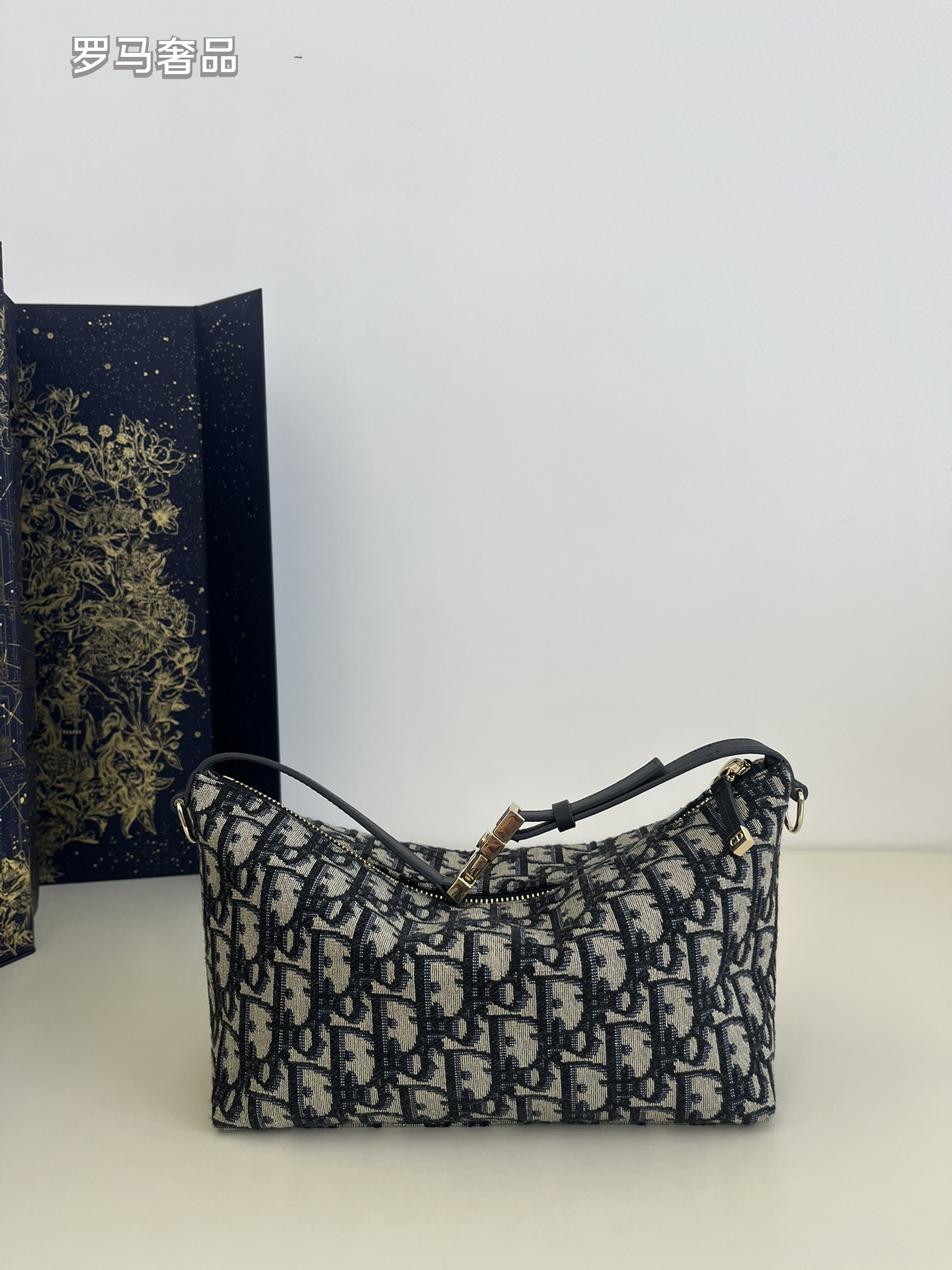 Vintage Inspired Monogram Canvas Shoulder Bag with Adjustable Strap - Navy Blue & Grey