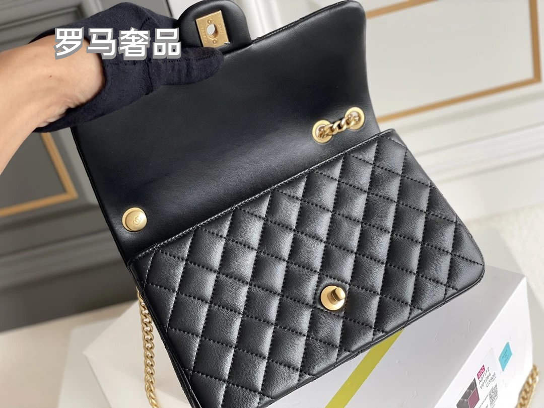 Black Quilted Leather Mini Flap Bag with Gold-Tone Chain and Camellia Charm