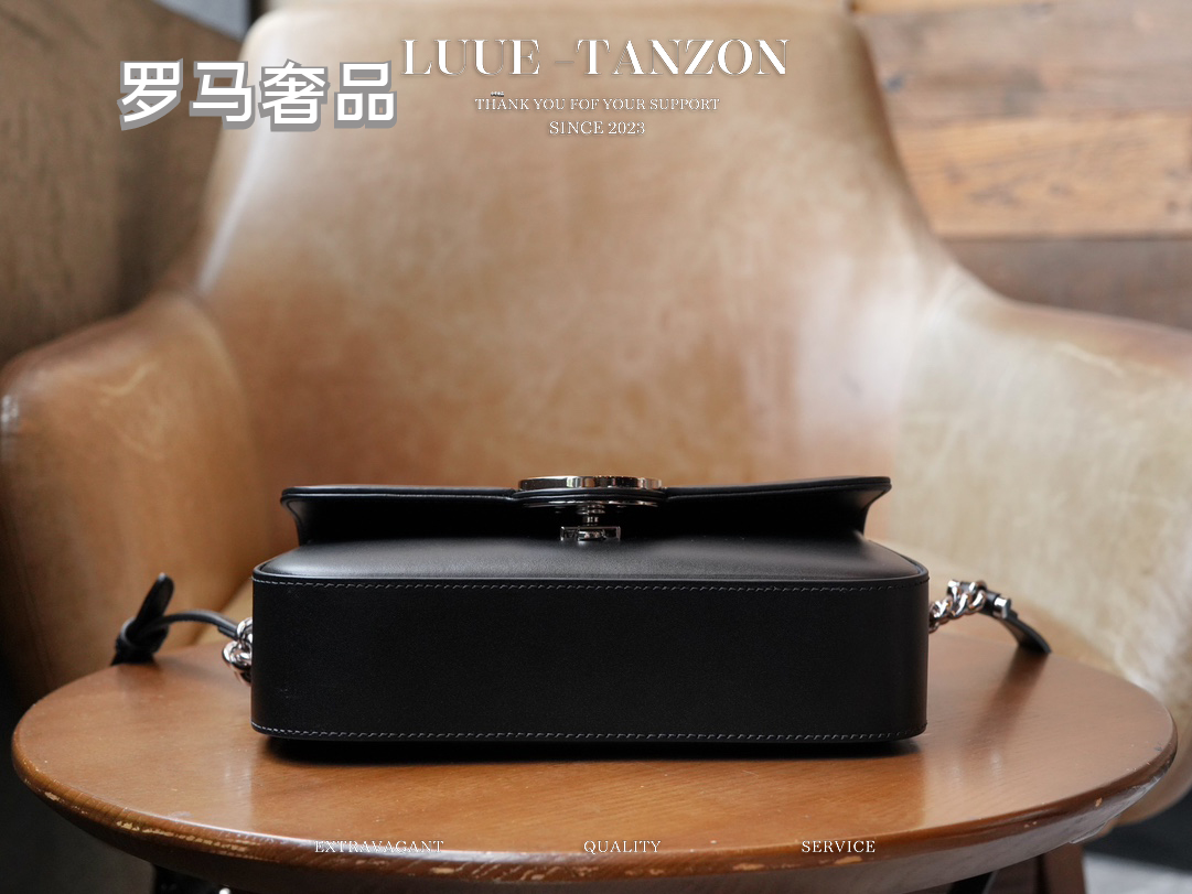 Women's Black Leather Crossbody Shoulder Bag with Silver Round GG Clasp