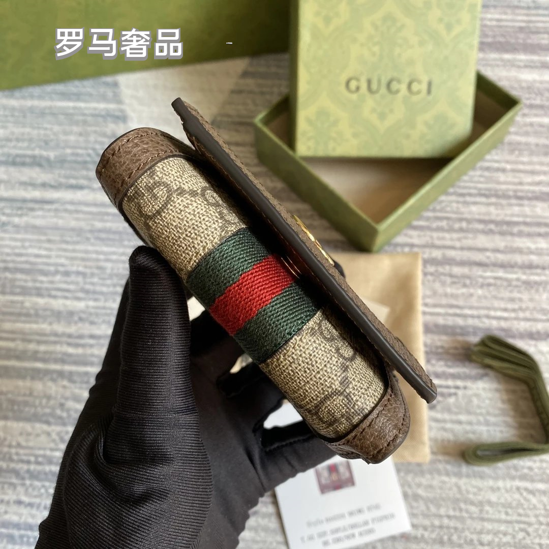 Gucci Monogram Canvas Card Case Wallet with Web Stripe and Gold Logo