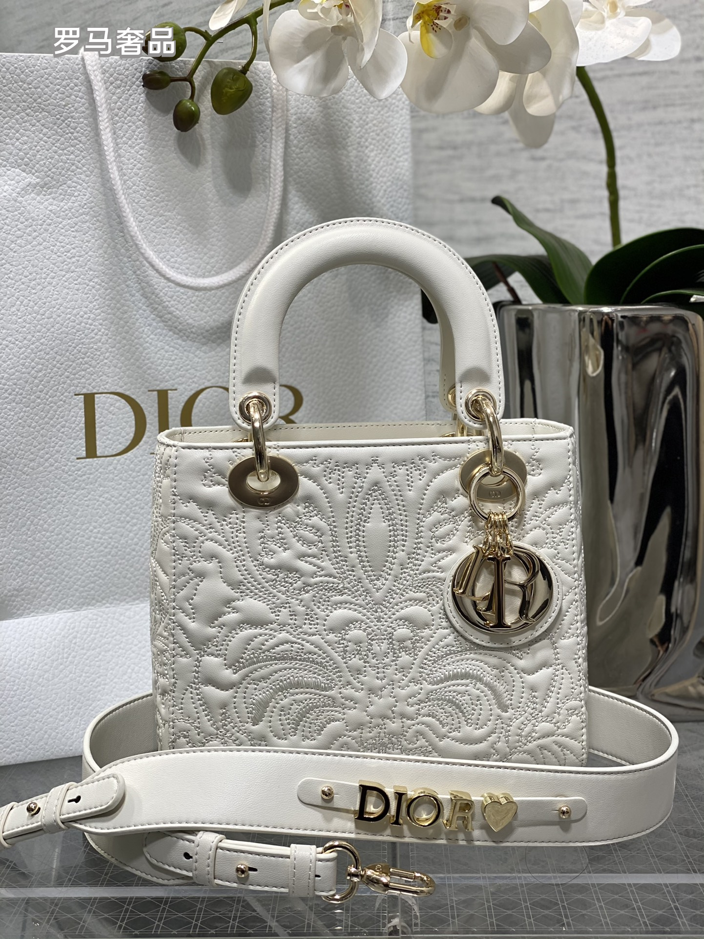 Lady Dior My ABCDior Bag - White Embossed Calfskin with Gold-Finish Metal Charms
