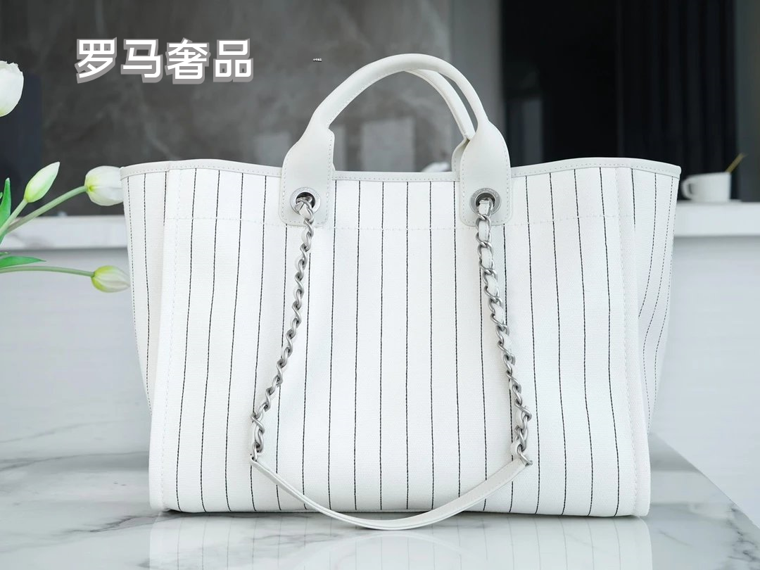 Chanel Pinstripe Deauville Canvas Tote Bag - White/Black