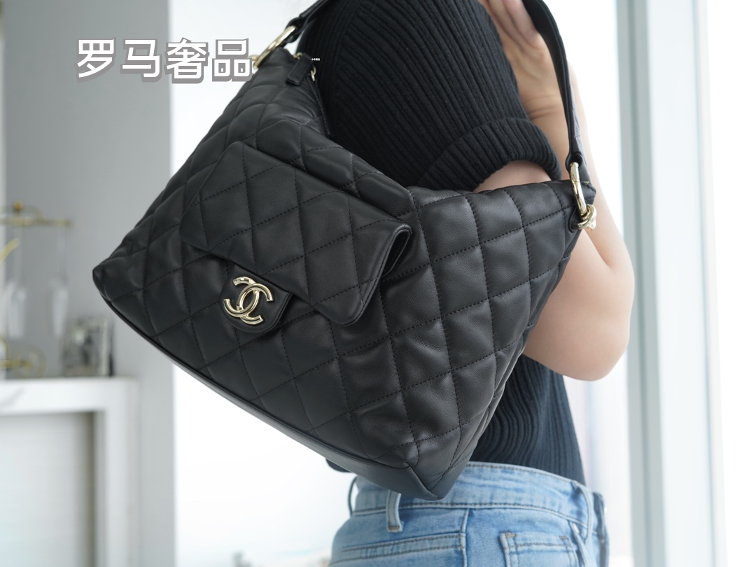 Chanel Black Quilted Lambskin Leather Hobo Bag with Front CC Logo Pocket