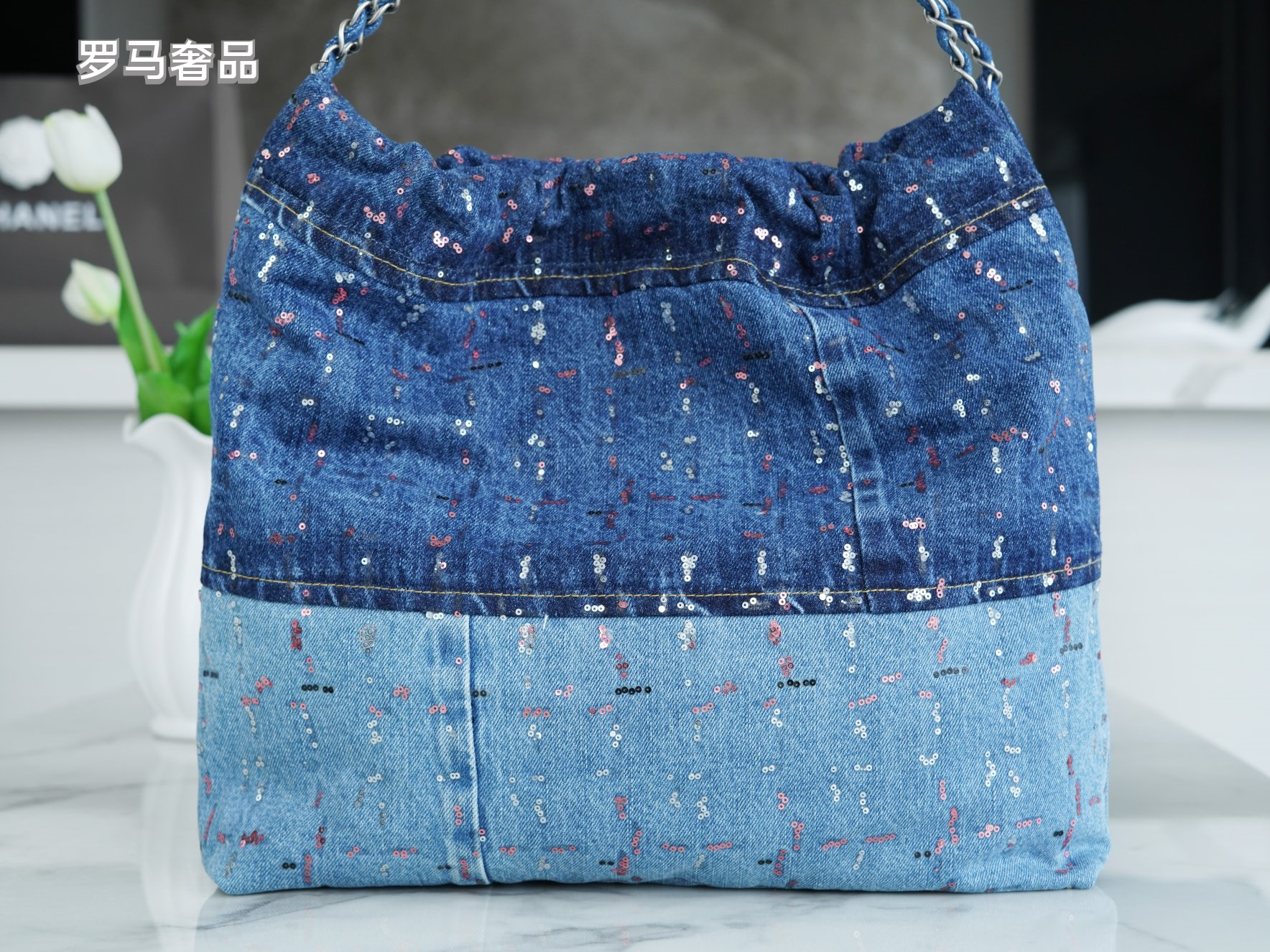 Chanel 22 Denim Patchwork Tote Bag with Matching Pouch - Blue Washed Denim Shoulder Bag